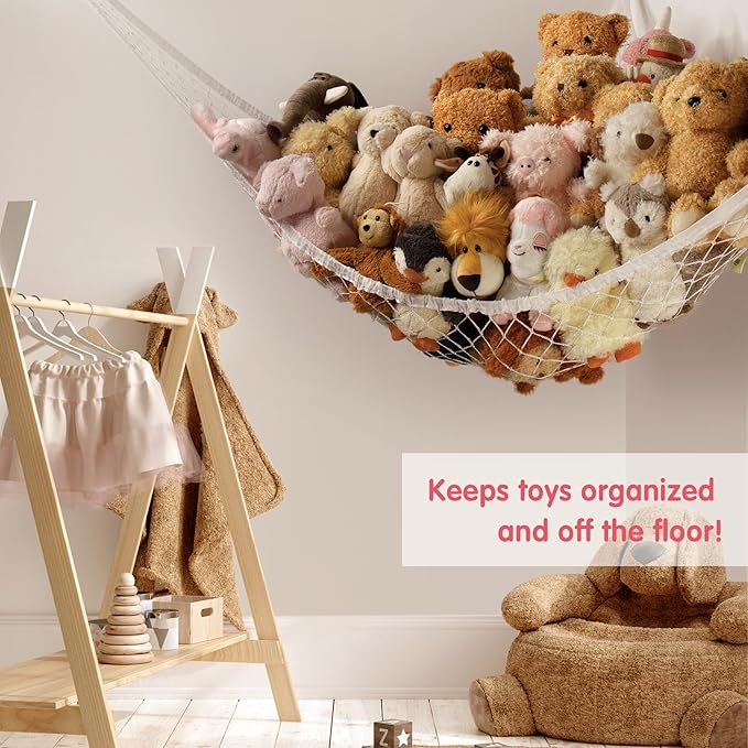 Stuffed Animal Storage Hammock Net Corner - Large Toy Hammock Net for Stuffed Animals Room Decor - Cute Stuff Animal Organizer Holder for Plush Plushie - Kids Baby Nursery Wall Bedroom Home Decor