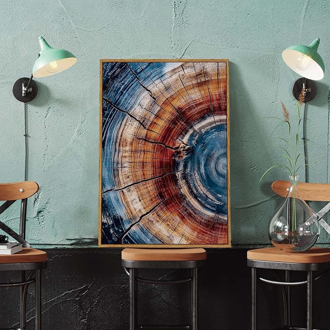 BingruiArt Framed Tree Ring Wall Art Blue and Red Boho Wall Decor Nature Print Wood Canvas Rustic Artwork Abstract Painting Modern Picture for Living Room Bedroom Bathroom 16"x24" Natural Framed(01)