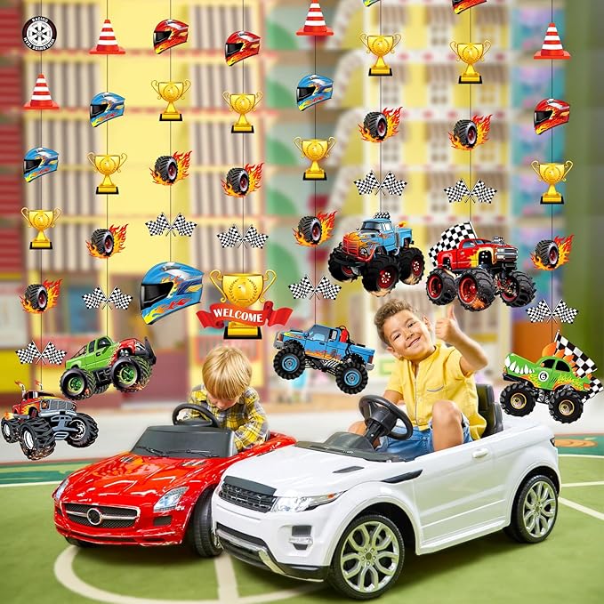 8 Pcs Truck Party Decorations Monster Truck Hanging Garlands Streamer Cutouts Race Car Theme Birthday Banner Backdrop for Boy Car Baby Shower Party Supplies Home Wall Ceiling Decor