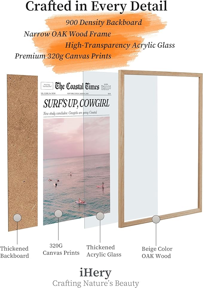 iHery Framed Trendy Coastal Cowgirl NewsPaper Wall Art Prints,Beige OAK Wood 12x16in Canvas Wall Decor For Bedroom,New York News,Western Vintage Bar Cart,Dorm Retro Surfing Up Home Décor 1Pack