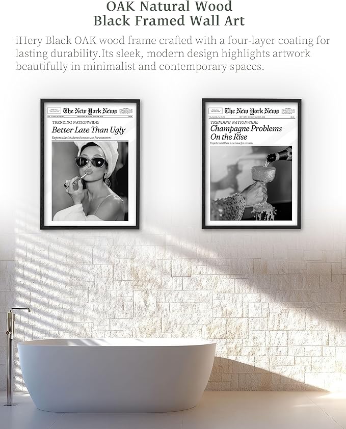 iHery Premium Natural Black OAK Wood 12x16in Audrey Hepburn Trendy Framed Wall Art, Vintage Funny Better Late Than Ugly Canvas Bathroom Wall Decor Essential,Girly Dorm Bedroom Living Artwork 1Pack
