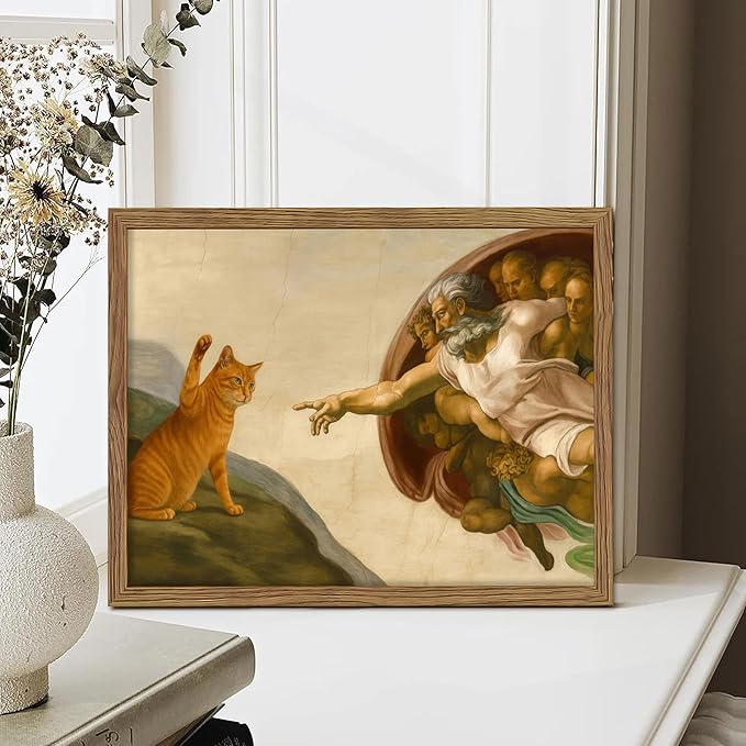Framed Vintage Cat Canvas Wall Art, Funny Orange Cat Parody Classic Masterpiece Prints, Renaissance-Inspired Animal Artwork, Retro Humorous Wall Decor for Living Room Bedroom Playroom – 12x16 inch