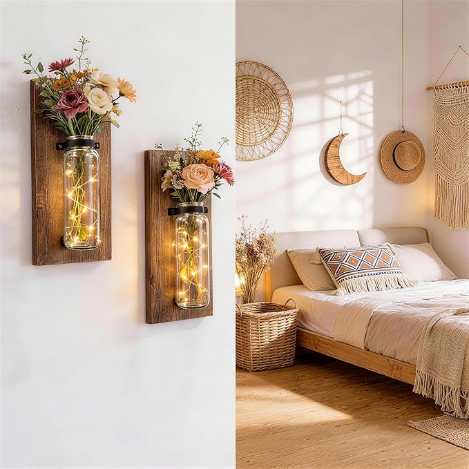 2 Pack Wood Glass Wall Sconces, Farmhouse Planters for Indoor Plants, Rustic Decor for Living Room, Hanging Vase (Brown)