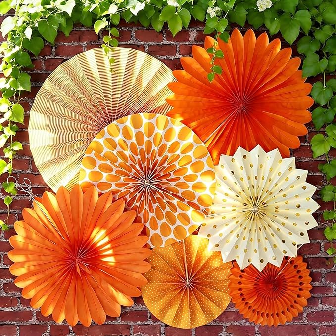 SUNBEAUTY Pack of 7 Hanging Paper Fans Collection Orange Paper Fans Home Party Photo Backdrop Decorations