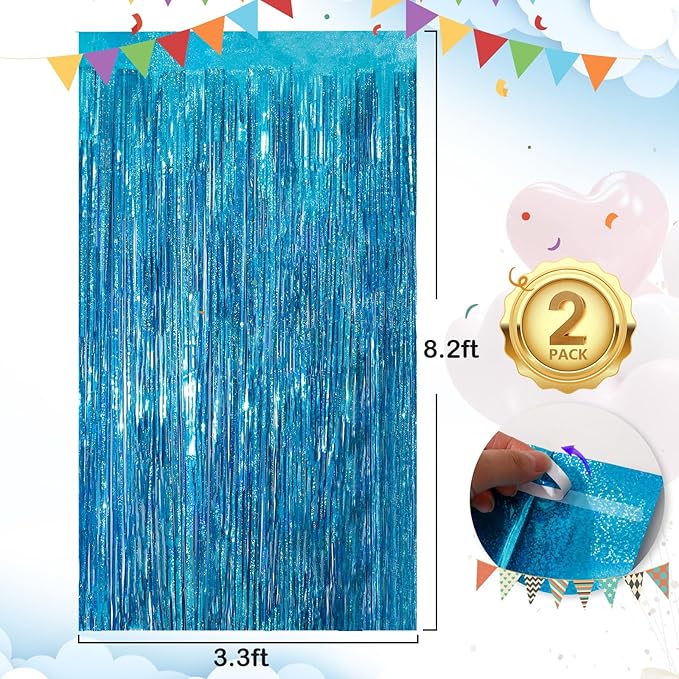 2Pack 3.3x8.3Ft Blue Foil Fringe Streamers Curtain Metallic Foil Tinsel Fringe Door Streamers for Birthday Wedding Xmas Party Photo Iridescent Blue Streamers Ocean Summer Party Decors Streamers