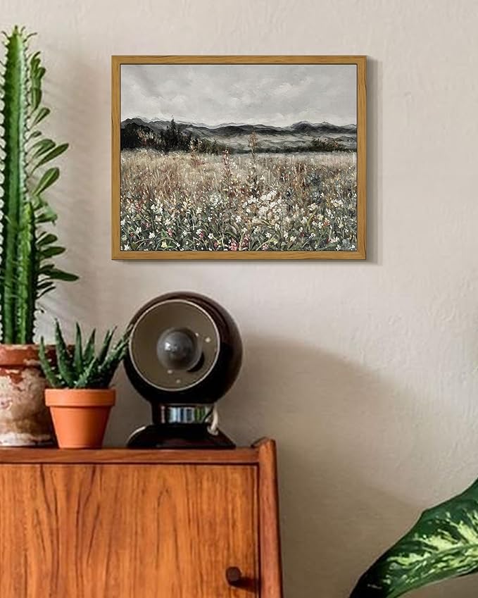SHENIFY Vintage Landscape Framed Wall Art Meadow Flowers Farmhouse Decor Retro Classic Painting for Kitchen Living Room Bedroom Bathroom - 8x10in Natural Framed