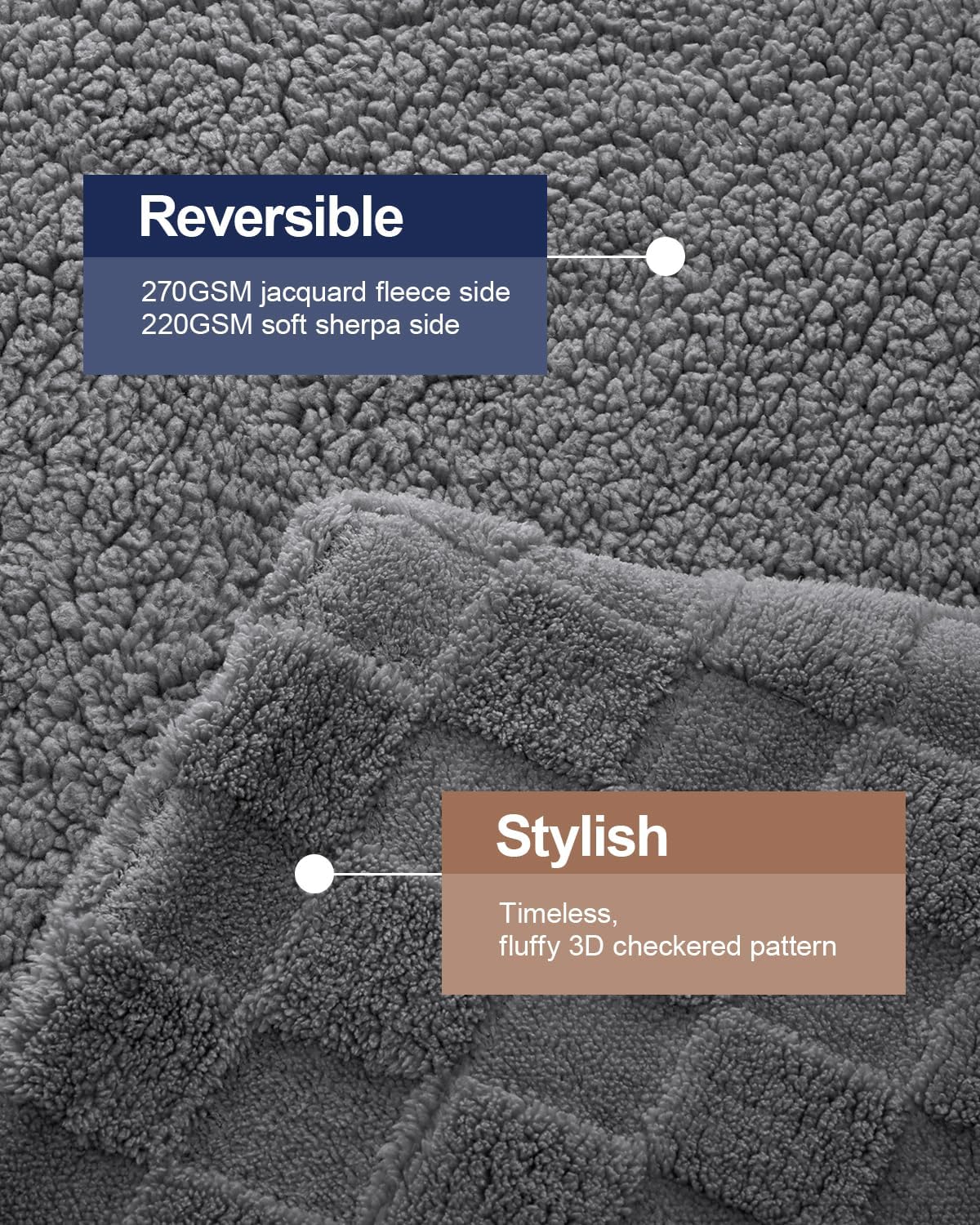 Pawque Super Soft Cozy Throw Blanket Twin Size for Couch Bed, Fluffy Sherpa Fleece Reversible Thick Warm Fuzzy Blanket for All-Season, 3D Checkered Jacquard Decorative Blankets, Grey, 60" x 80"
