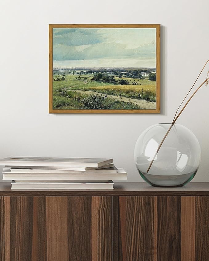 SHENIFY Vintage Landscape Framed Wall Art Rustic Countryside Meadow Farmhouse Decor Retro Grassland Painting for Kitchen Living Room Bedroom Bathroom - 8x10in Natural Framed