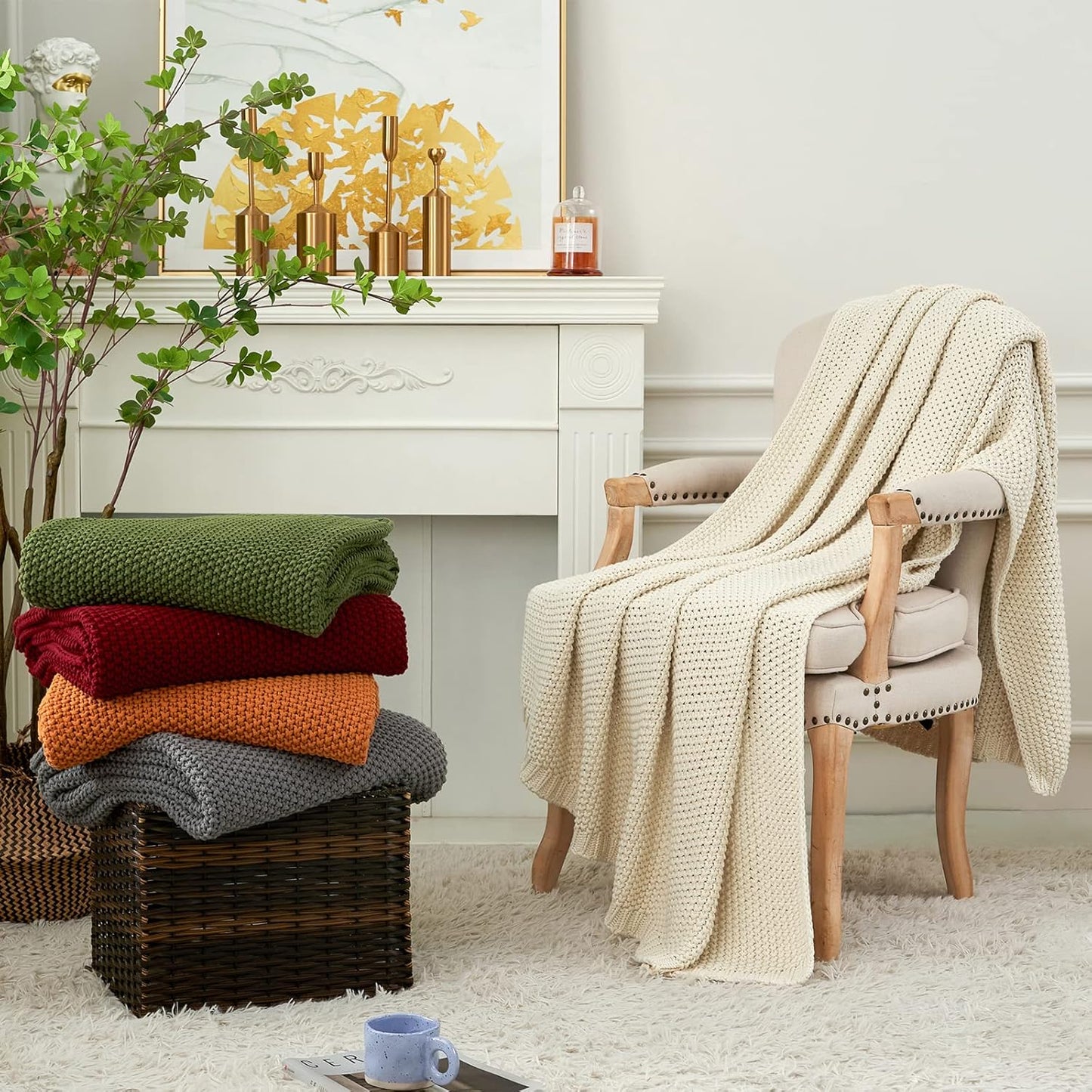 Longhui bedding Chunky Cable Knit Throw Blanket Lightweight Olive Green 100% Organic Cotton Blanket for Sofa Couch Bed Baby Nursery, Rustic Shabby Chic Modern Farmhouse, 60” x 80” Give Laundering Bag