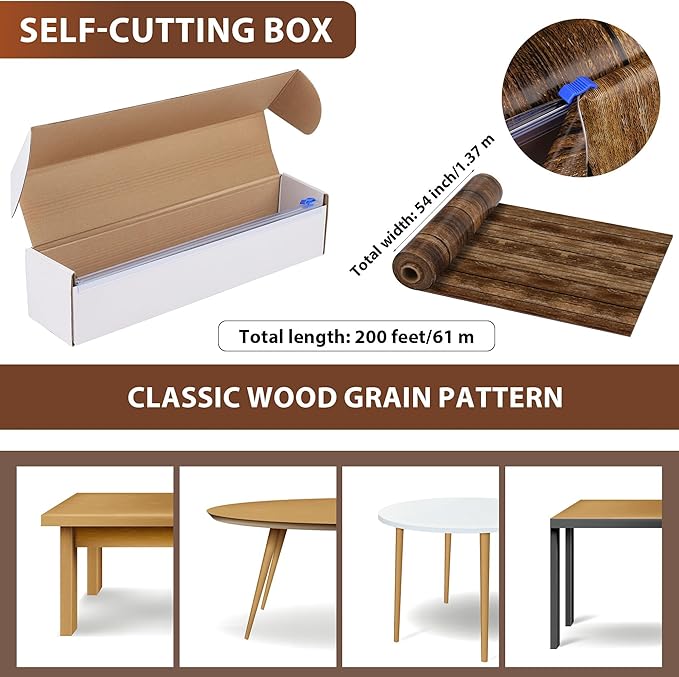 Kochorie 200 Ft x 54 Inch Wood Grain Tablecloth Roll in Slide Cutter Box Disposable Rustic Backdrop Vintage Table Cover Western Themed Bulletin Board Plastic Roll for Barn Birthday Classroom Decor