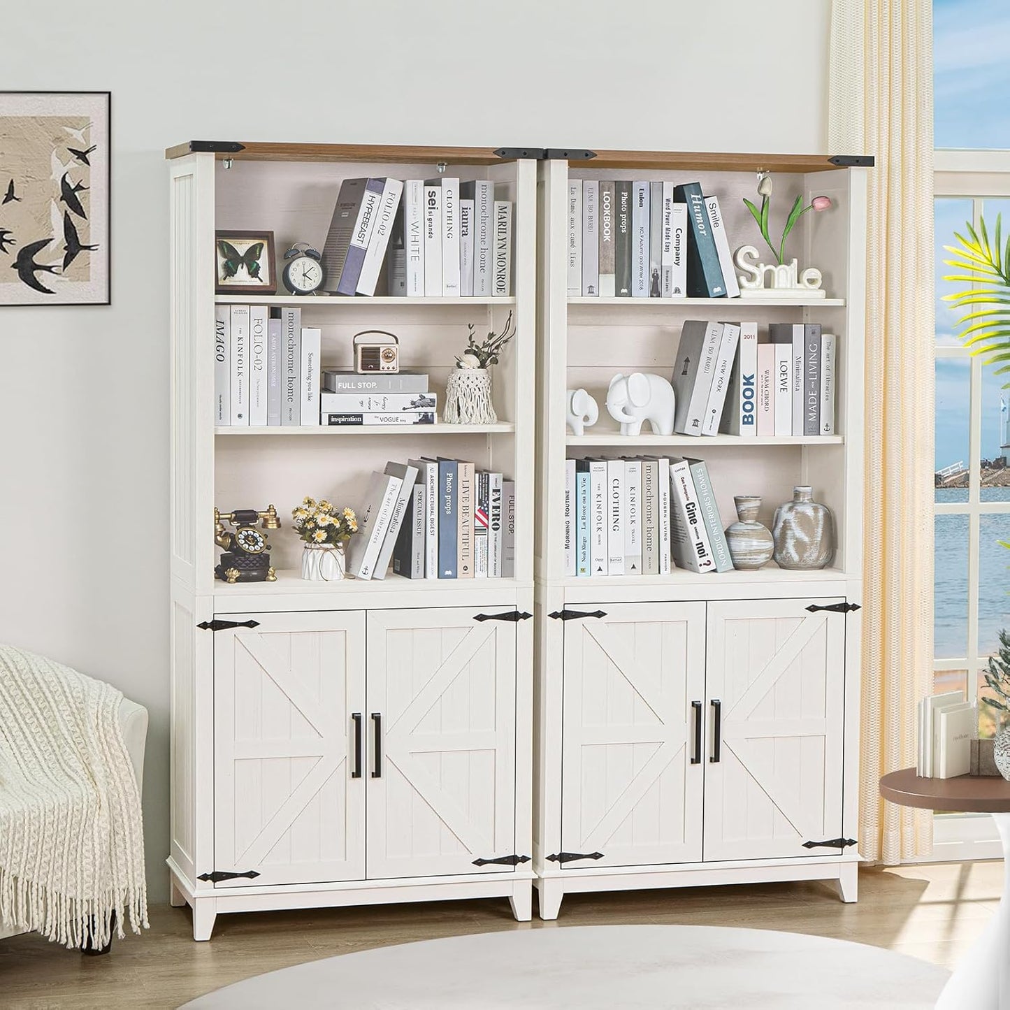 5 Tier Bookshelf 70in Tall Bookcase with Barn Doors and Storage Cabinet, White Farmhouse Book Shelf with Adjustable Shelves, Wood Freestanding Display Bookshelves for Bedroom, Living Room