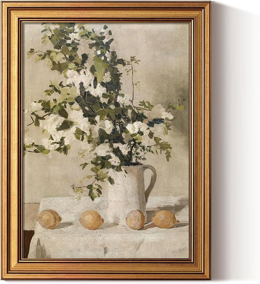 ARPEOTCY Gold Framed Canvas Art Prints,12x16inch, Vintage Lemons and Floral Art Painting, Rustic Farmhouse Decor for Kitchen Dining Room Bedroom Bathroom Shelf, Country Still Life Pictures