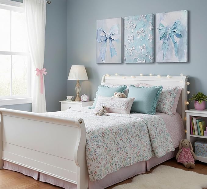 3Pcs Trendy Blue Bow Canvas Wall Art Vintage Cute Preppy Watercolor Bow Painting Pictures Wall Decor Posters Prints Girly Aesthetic for College Apartment Bedroom Decoration