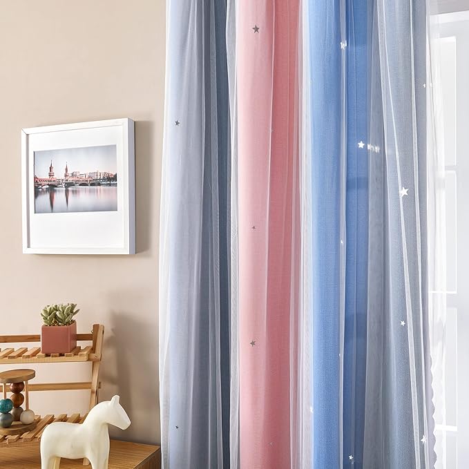 XiDi Curtains for Bedroom Decor, Rainbow PinkGreyBlue-34-90