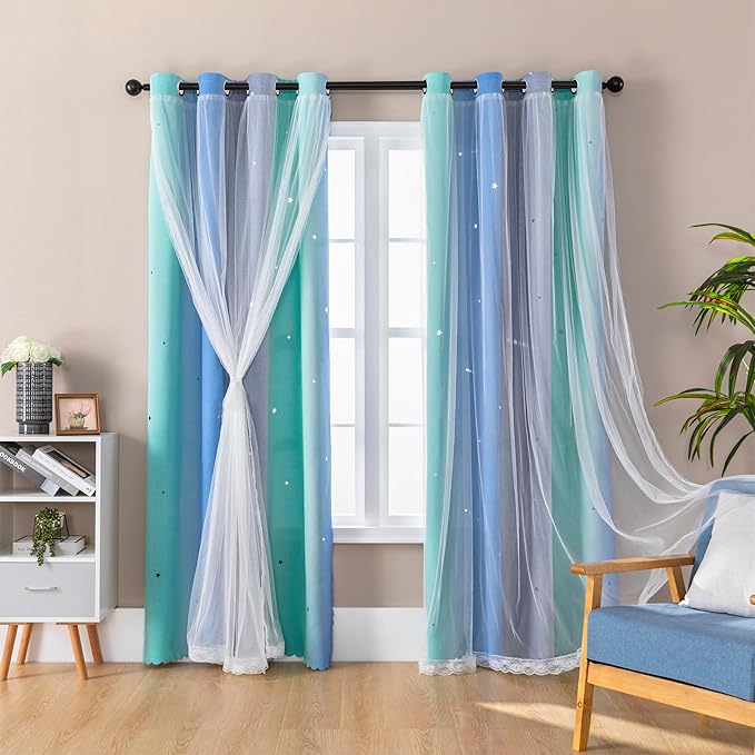 XiDi Girls Curtains for Bedroom 90 Inches Long 2 Panels Blue Green Grey Rainbow Blackout Curtains for Little Girl Kids Room Decor Living Room, Princess Unicorn Wall Decals Drapes 52x90