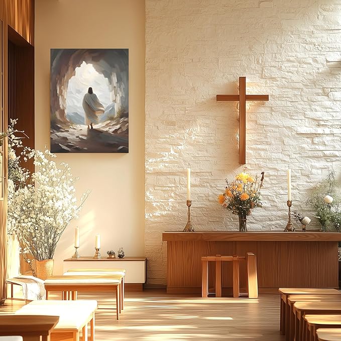 HLXRAE Framed Jesus Wall Art, Jesus Resurrection Leaves the Tomb Canvas Painting, Minimalist Christian Empty Tomb Poster Print, Christian Wall Decor for Church Prayer Room Hospitals Home 16"x24"