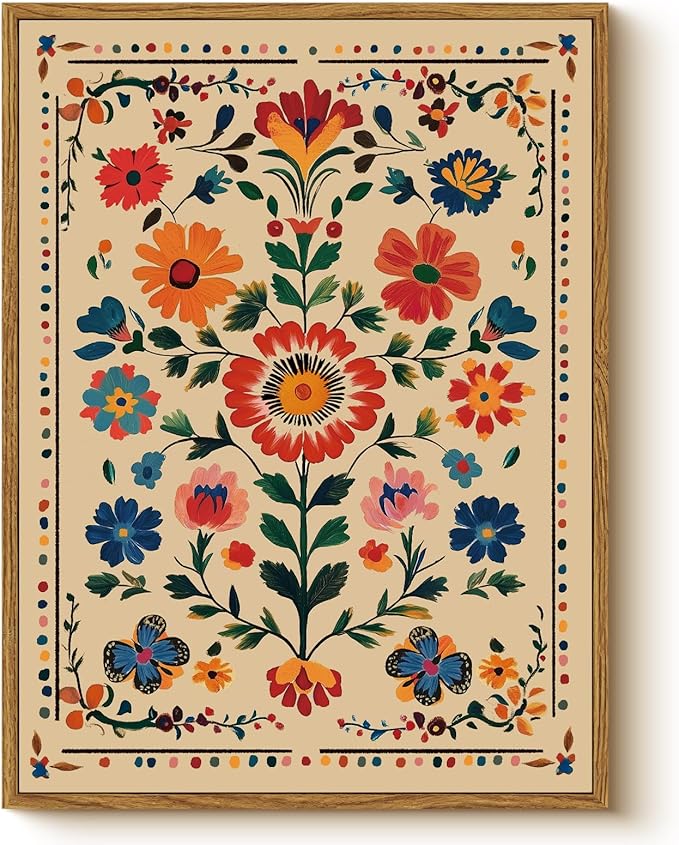 Vintage Floral Framed Canvas Wall Art 12x16 Colorful Flower Painting, Tropical Botanical Nature Boho Bright Vibrant Floral Print, Mexican Traditional Latin Bedroom Home Office Décor