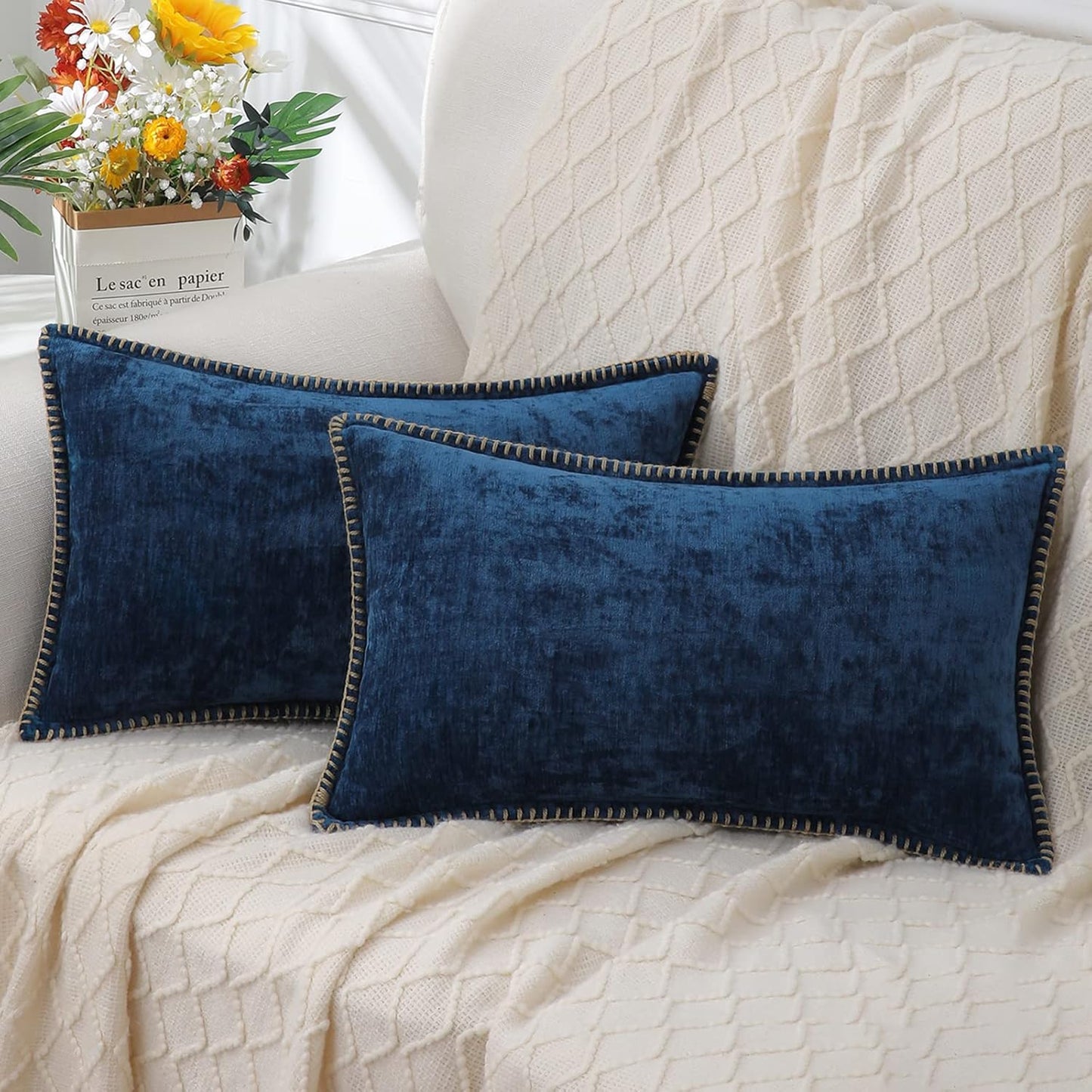 decorUhome Chenille Soft Throw Pillow Covers 12x20 Set of 2, Lumbar Velvet Farmhouse Neutral Decorative Euro Pillow Covers with Stitched Edge for Couch Sofa Bed Home Decor, Poseidon