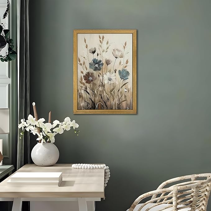 Yaneiro Wood Framed Vintage Wildflower Wall Art, Boho Canvas Wall Decor Paintings, Sage Flower Bathroom Decor, Countryside Farmhouse Landscape Posters Print for Bedroom Hallway Living Room 16x24 Inch