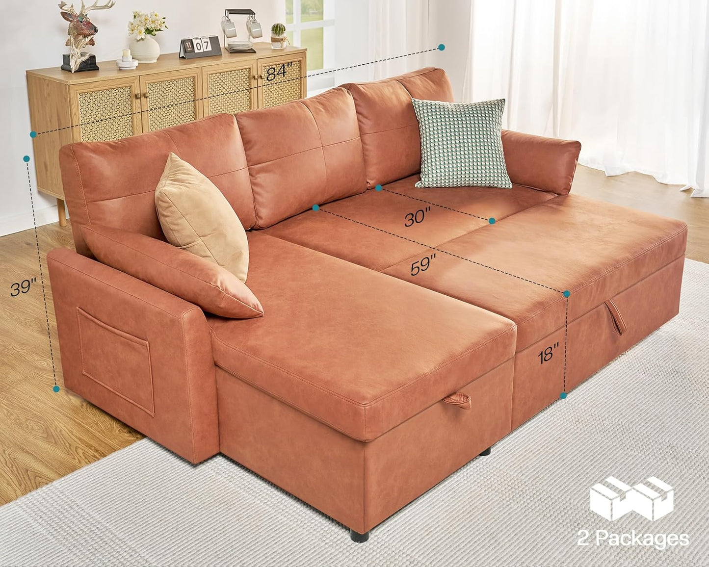 VanAcc Sleeper Sofa, Sofa Bed- 2 in 1 Pull Out Couch Bed with Storage Chaise, Sofa Sleeper Couch for Living Room, Brown Leathaire