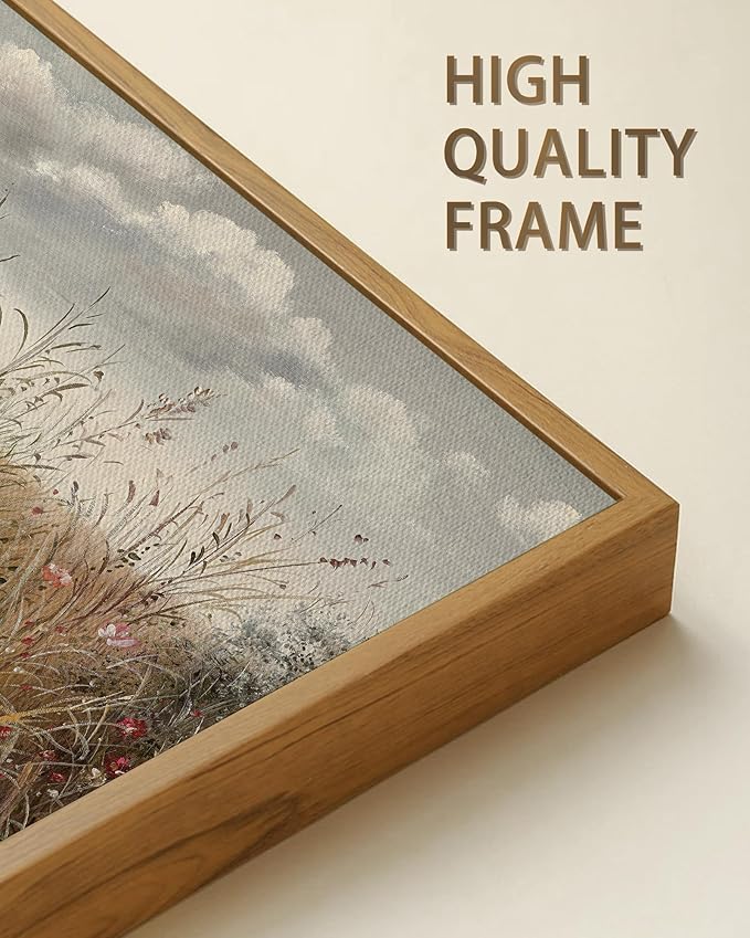 SHENIFY Vintage Landscape Framed Wall Art Meadow with Flowers Farmhouse Decor Retro Wildflower Field Scenery Painting for Hallway Living Room Bedroom Dining Room - 16x24in Natural Framed