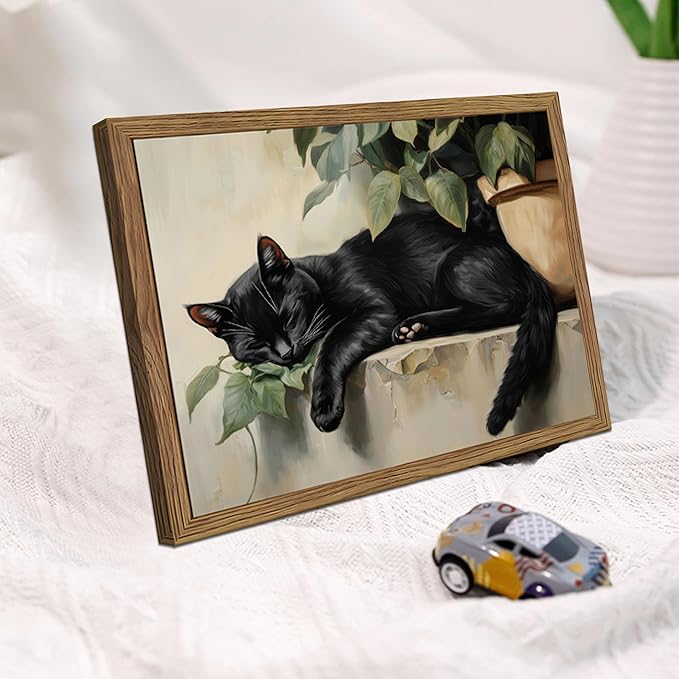 Framed Black Cat Wall Art, Vintage Sleeping Cat Picture Wall Decor, Cute Animal Poster Canvas Prints, Rustic Plant Paintings Artwork for Living room Bedroom Bathroom Decor – 8x10 inch