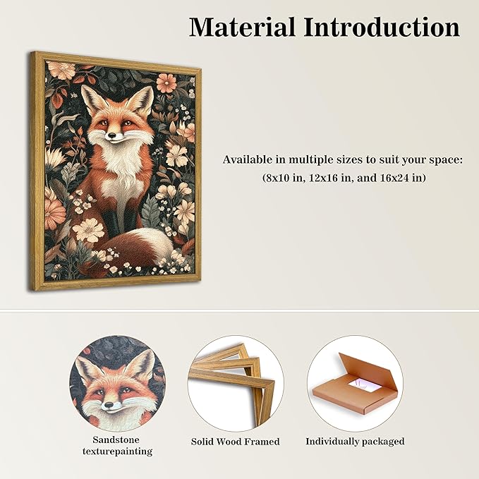 Framed 3D Textured Vintage Wall Art, Hand Drawn Sandstone Fox Wall Decor Paintings, Whimsical Forest Animal Floral Botanical Aesthetic Picture, Cottage Core Home Nursery Decor 16X24 inch