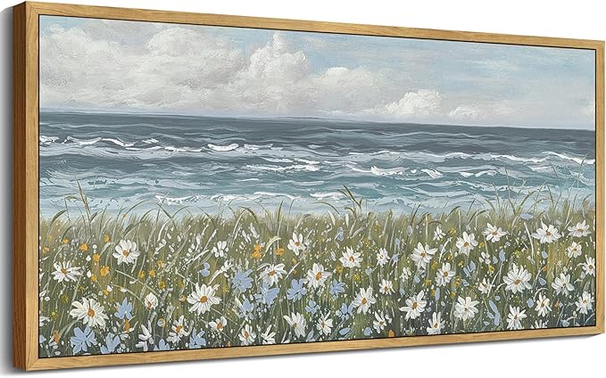 SHENIFY Vintage Landscape Framed Wall Art Sea Coastal Wildflower Field Scenery Farmhouse Decor Retro Painting for Bedroom Living Room Ready to Hang Wall Artwork - 8x16in Natural Framed