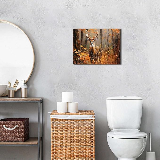 Deer Pictures Wall Decor Fall Forest Wall Art Autumn Orange Forest Landscape Canvas Prints Wildlife Animal Poster Nature Woodland Elk Painting Artwork for Bedroom Living Room Home Decoration 12x16"