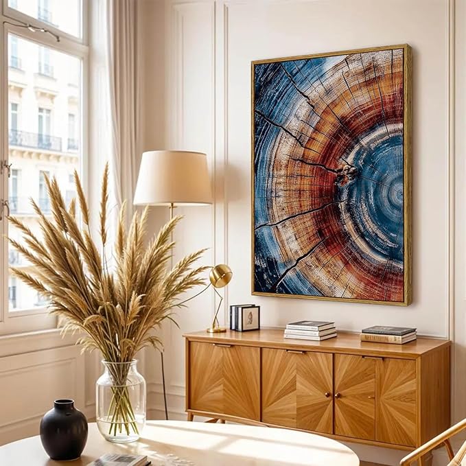 BingruiArt Large Framed Tree Ring Wall Art Blue and Red Boho Wall Decor Nature Print Wood Canvas Rustic Artwork Abstract Painting Modern Picture for Living Room Bedroom Bathroom 24"x36" Natural Framed(01)