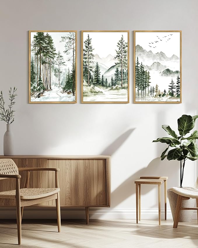 Drsoum Green Tree Forest Mountain Framed Wall Art Nature Landscape Prints Morden Wilderness Artwork Hallway Bedroom Ready to Hang 24x36in Natural Framed