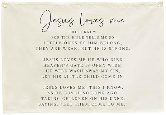 Rectangular Christian Bible Verse Scripture Canvas Banner Wall Decor-Flag Sign for Baby Boy Girl Kids, Nursery Bedroom Playroom Nursery Decor,Baby Shower Christmas Gift-Jesus Loves Me This I Know