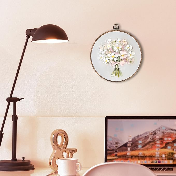 Vintage Pink Bow Floral Bouquet Round Wall Art Framed, White Floral Round Wall Decor, Vintage Flower Hanging Canvas Prints Wall Sculptures for Home Bedroom Living Room Decor, 10x10 Inch