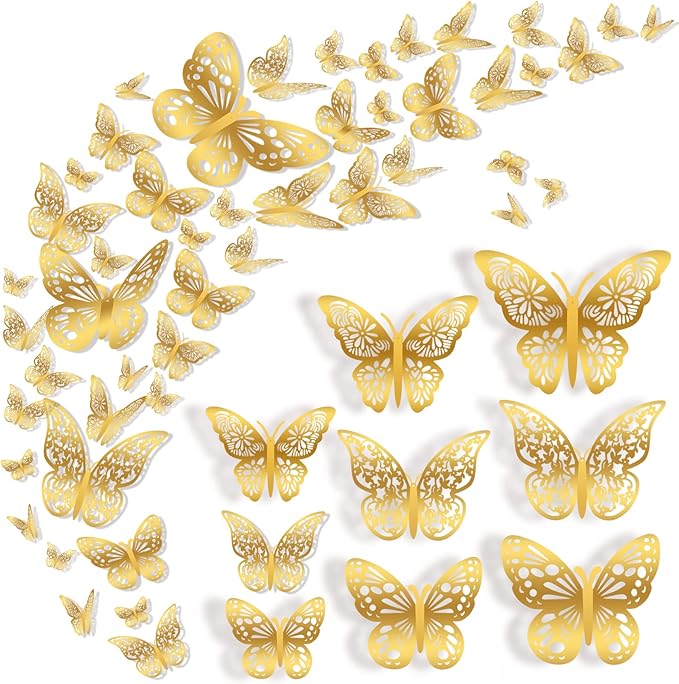 36 Pcs Butterfly Wall Decor, 3 Styles 3 Sizes 3D Gold Butterfly, Wedding Decorations, Birthday Party Decorations, Girls Bedroom Decoration(36 Pcs, Gold)