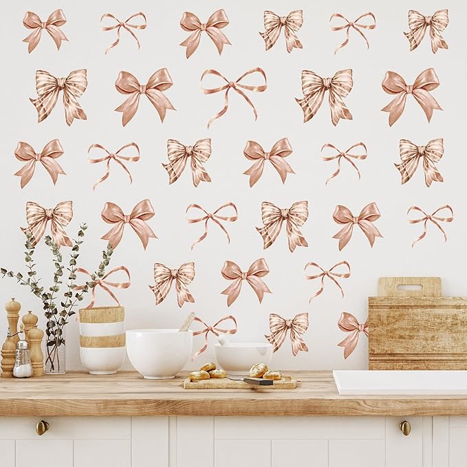 Whaline 12 Sheets Boho Bow Wall Stickers Watercolor Brown Bowknot Wall Decals Room Mural Stickers for Coquette Birthday Party Home Nursery Decor, 7.9 x 11.8 Inch
