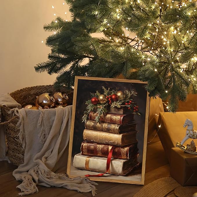 Framed Vintage Christmas Canvas Wall Art, Rustic Xmas Book Artwork Wall Decor Paintings, Retro Winter Holiday Pictures Prints Dark Academia Home Decor for Living Room Bedroom Libiary 16×24 inch