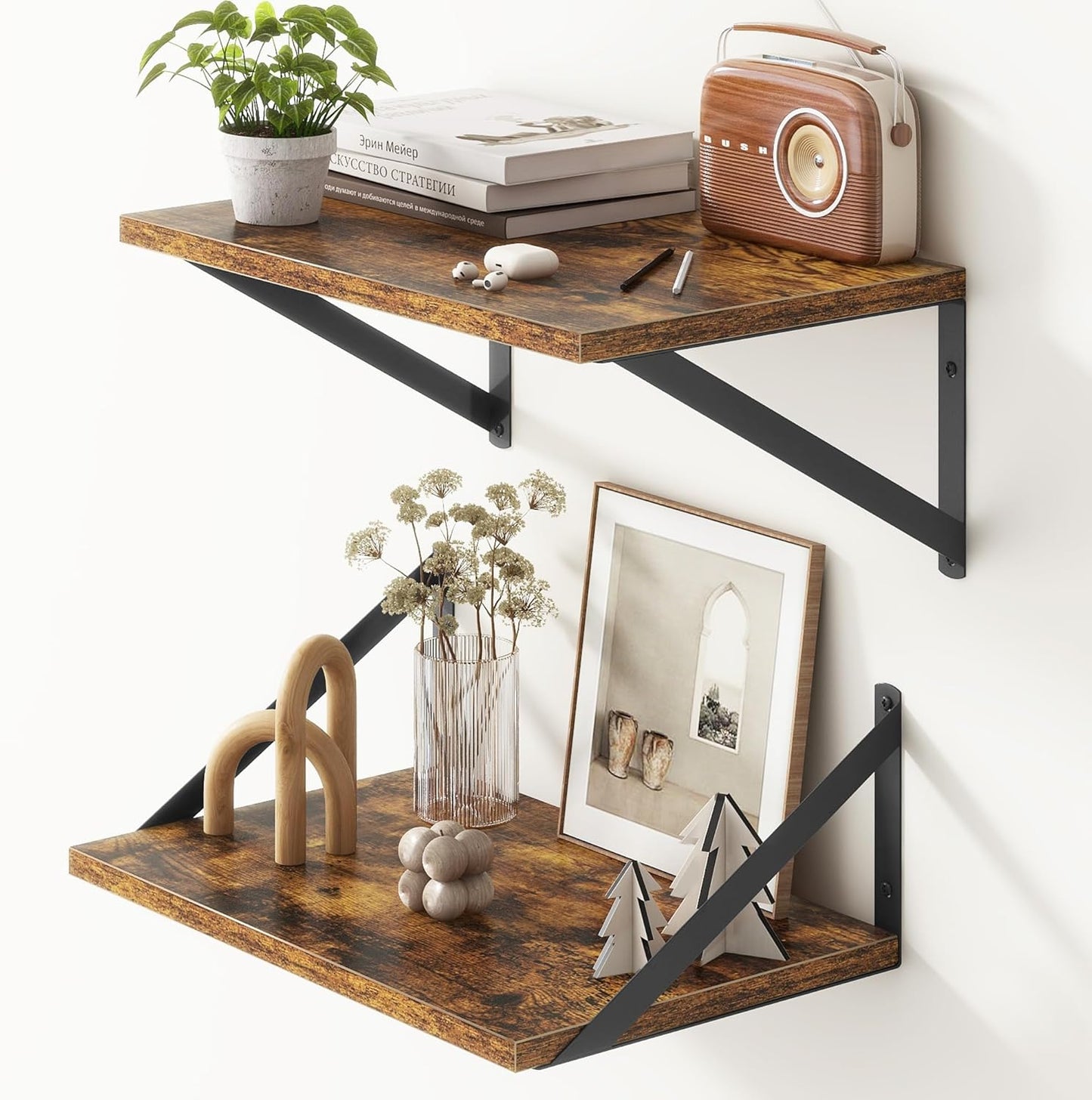 10 Inch Deep Floating Shelves, Floating Shelf 16 Inch Long, 16"W x 10"D Wall Shelves Set of 2, Deep Shelf for Books, Wide Floating Shelves for Bahtoom, Living Room, Kitchen, Rustic Brown