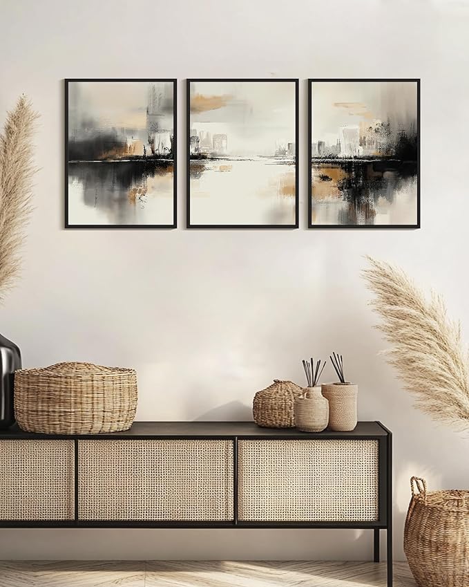 Drsoum Vintage Black Gray Abstract Wall Art Framed Brown Tan Neutral Prints Minimalist Modern Rustic Artwork Bedroom Living Room Ready to Hang 12x16in Black Framed