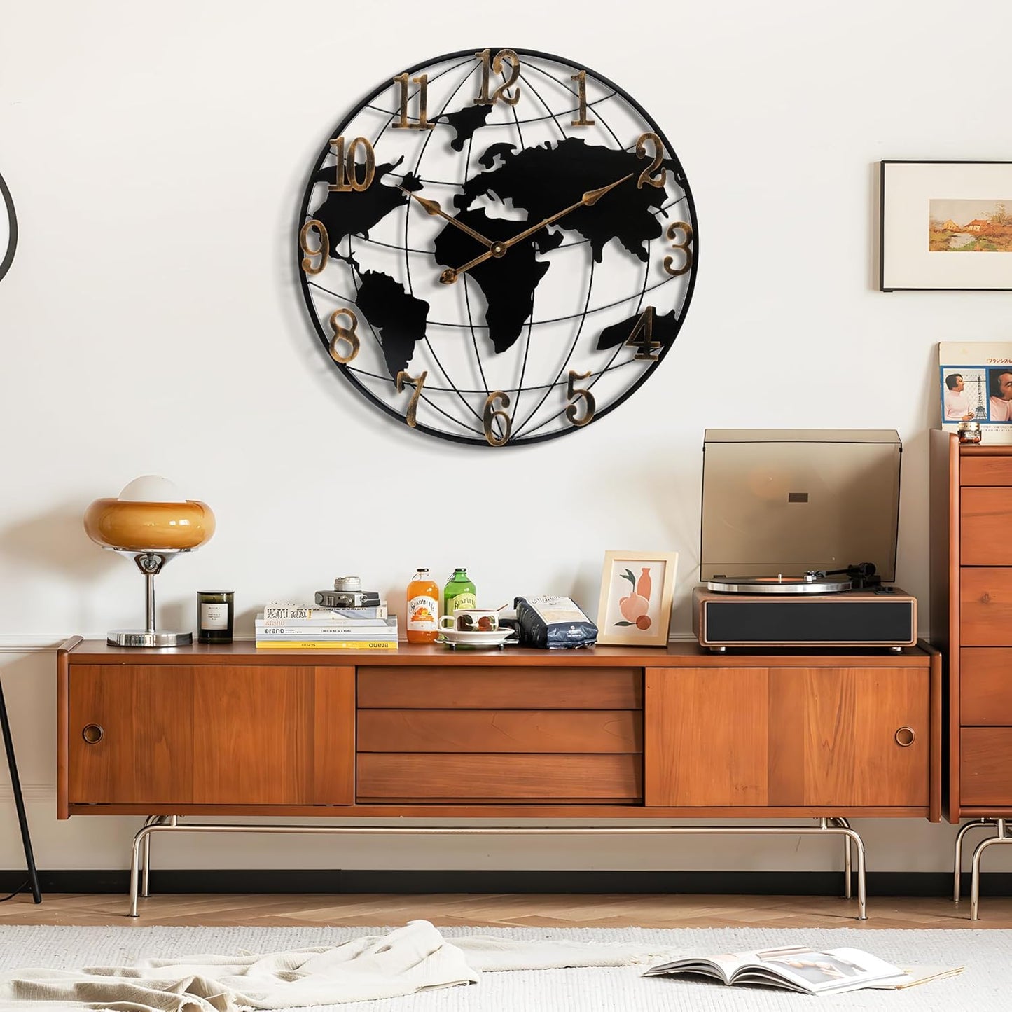 Large Wall Clock - 24 Inch World Map Minimalist Modern Round Metal Wall Clock Silent Non-Ticking Battery Operated Wall Clocks for Living Room Kitchen Office Farmhouse Home Decor