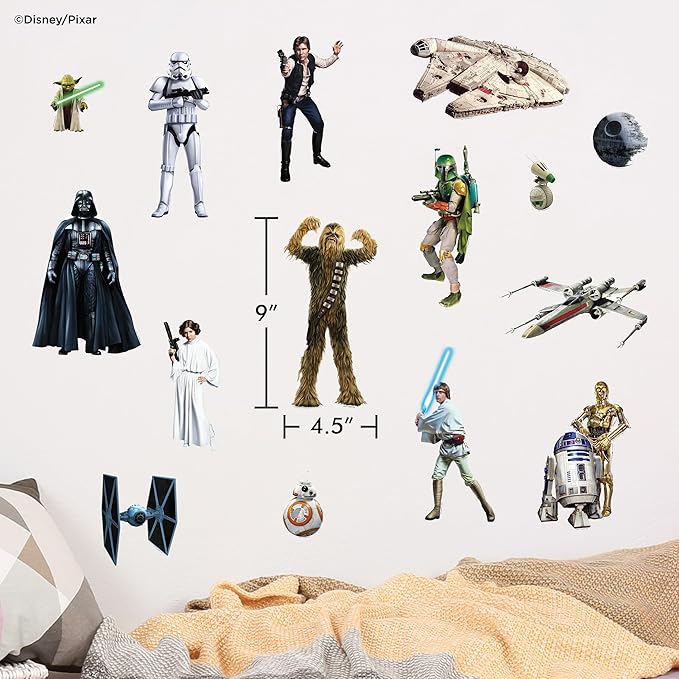Star Wars Wall Decals - Set of 17 Removable Vinyl Stickers for Kids Bedroom Playroom Bathroom - Peel and Stick Room Décor