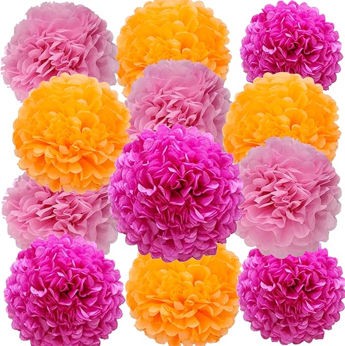 Rose Red,Light Pink and Orange Paper Pom Poms Decorations for Pink Orange Party Ceiling Wall Hanging Tissue Flowers Decorations，12pcs 3 Colors of 12 Inch, 10 Inch
