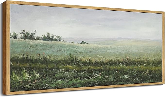 SHENIFY Vintage Framed Wall Art The Vast Grassland Landscape Painting Retro Meadow Scenery Farmhouse Kitchen Living Room Decor - 8x16in Natural Framed