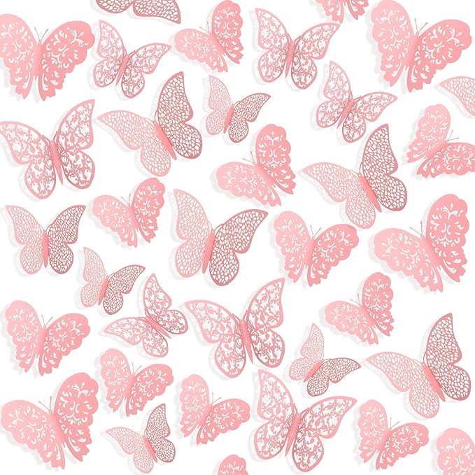 Bememo 72 Pieces 3D Butterfly Wall Decals Sticker Decal Wall Decor Art Decorative Sticker 3 Sizes for Room Offices Bedroom Bathroom Living Room Decor(Light Pink)