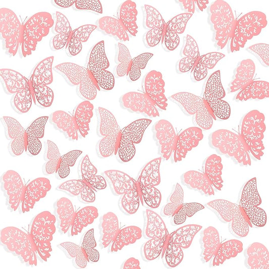Bememo 72 Pieces 3D Butterfly Wall Decals Sticker Decal Wall Decor Art Decorative Sticker 3 Sizes for Room Offices Bedroom Bathroom Living Room Decor(Light Pink)