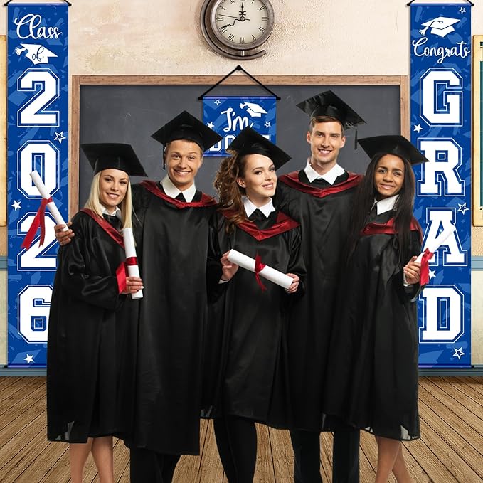 Moukeren 3 Pieces 2026 Graduation Party Decorations Graduation Porch Sign Class of 2026 Grad Hanging Porch Banner Backdrop Door Sign for Grad Party Home Door Wall Decor(Blue)