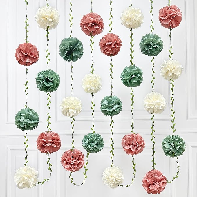 Sage Green Dusty Rose Pink Beige Tissue Paper Flowers Pom Pom with Leaf Ribbon Hanging Garland Streamer for Girl Safari Woodland Jungle Baby Shower Birthday Wedding Garden Party Decorations Supplies