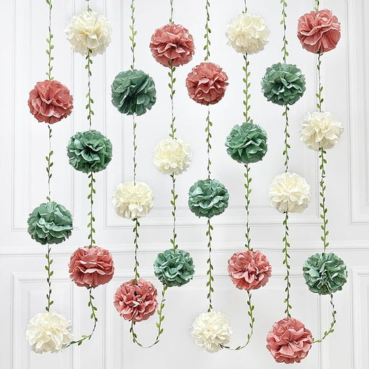 Sage Green Dusty Rose Pink Beige Tissue Paper Flowers Pom Pom with Leaf Ribbon Hanging Garland Streamer for Girl Safari Woodland Jungle Baby Shower Birthday Wedding Garden Party Decorations Supplies