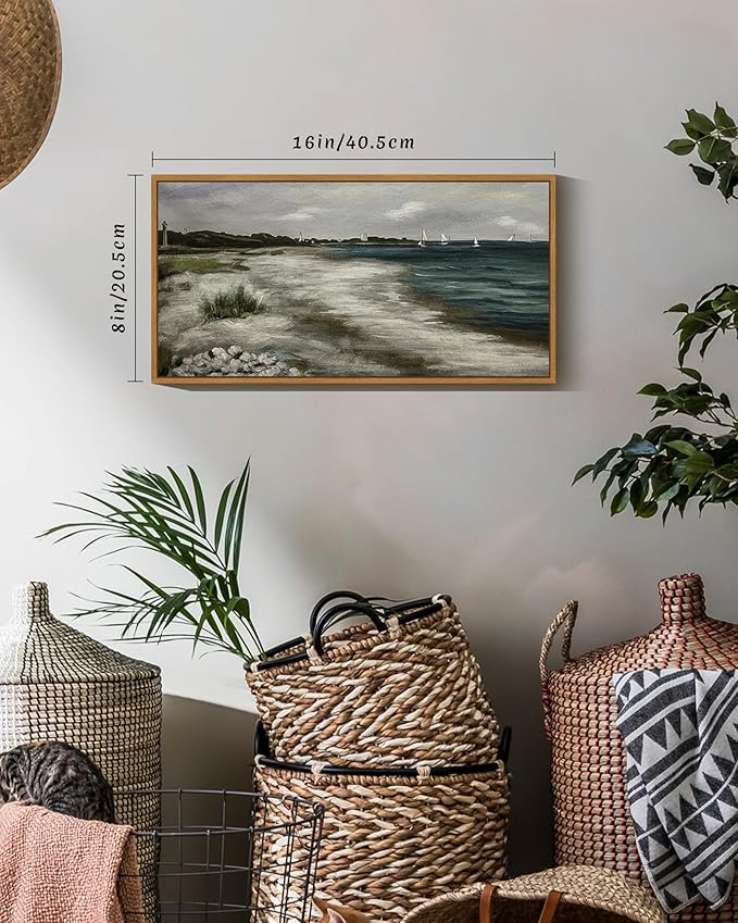 SHENIFY Vintage Framed Wall Art Seaside Coastal Landscape Painting Retro Beach Scenery Farmhouse Kitchen Living Room Decor - 8x16in Natural Framed