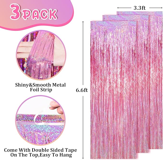 3.3 x 6.6 ft Foil Fringe Backdrop Curtains, Tinsel Streamers Party Decorations, Fringe Backdrop for Birthday, Baby Shower, Gender Reveal, Graduation (3, Pink)