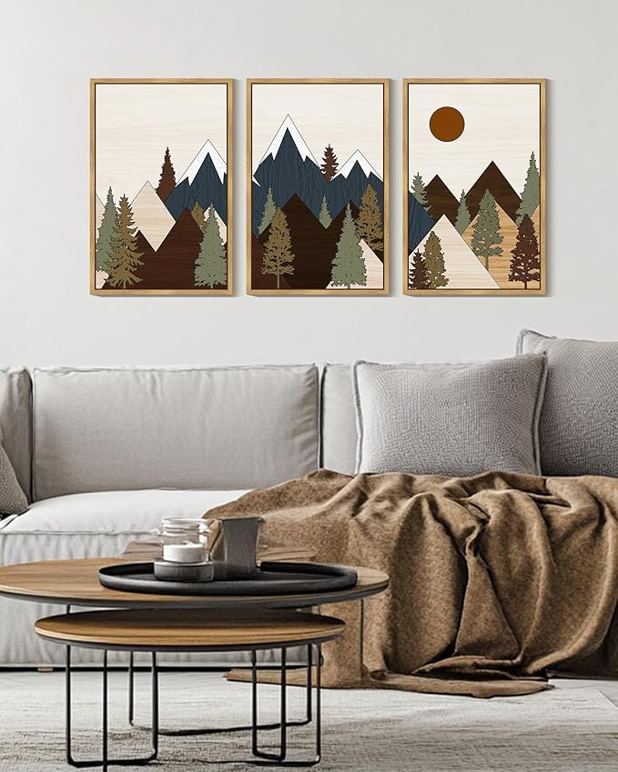 Drsoum Morden Mountains Landscape Wall Art Framed Boho Pine Tree Forest Nature Prints Boho Farmhouse Rustic Artwork Hallway Bedroom Ready to Hang 16x24in Natural Framed